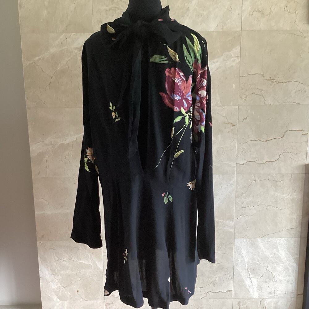 Free People Gemma Black Floral Mini Dress Large Dolman Mock Neck Tunic Fall $108 - Picture 13 of 15